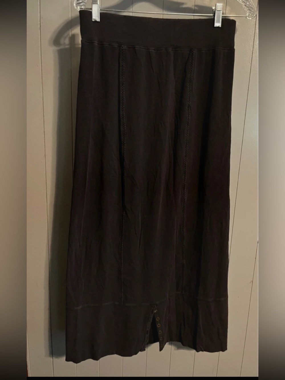 Peruvian connection black maxi skirt faded look stitching and button detail